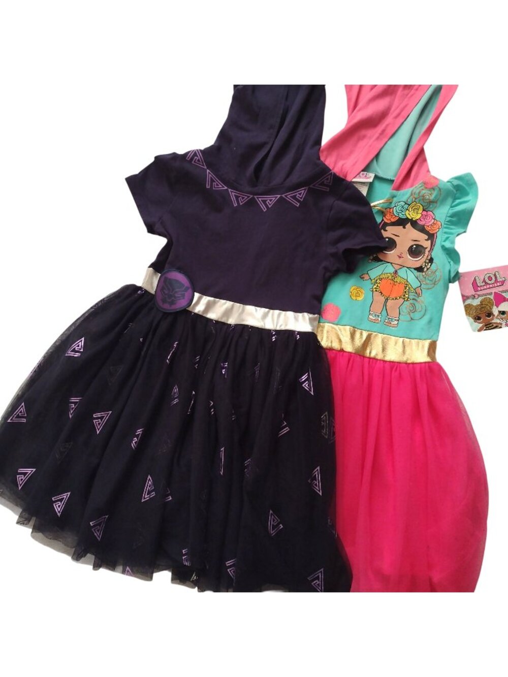 Lot of 2 Girls Hooded Dresses 7/8 M Black Panther LOL Surprise NEW Dress Up